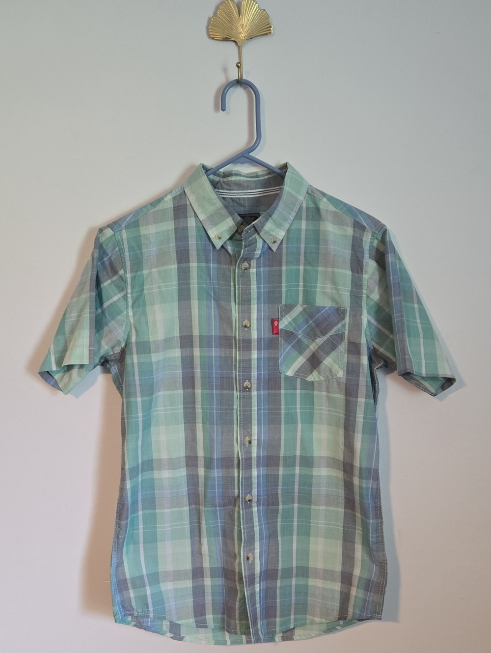 Short Sleeve Plaid Button-Down Shirt in Mint Green and Blue